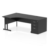 Impulse 1600mm Left Crescent Office Desk Black Top Black Cantilever Leg Workstation 800 Deep Desk High Pedestal