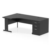 Impulse 1600mm Left Crescent Office Desk Black Top Black Cable Managed Leg Workstation 800 Deep Desk High Pedestal