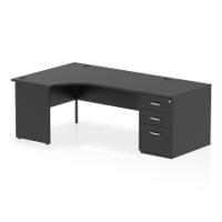 Impulse 1600mm Left Crescent Office Desk Black Top Panel End Leg Workstation 800 Deep Desk High Pedestal