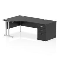 Impulse 1600mm Left Crescent Office Desk Black Top Silver Cantilever Leg Workstation 800 Deep Desk High Pedestal