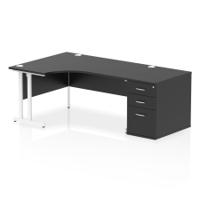 Impulse 1600mm Left Crescent Office Desk Black Top White Cantilever Leg Workstation 800 Deep Desk High Pedestal