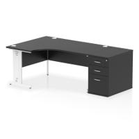Impulse 1600mm Left Crescent Office Desk Black Top White Cable Managed Leg Workstation 800 Deep Desk High Pedestal