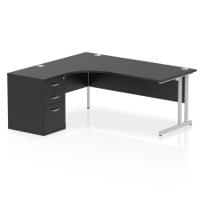 Impulse 1800mm Left Crescent Office Desk Black Top Silver Cantilever Leg Workstation 600 Deep Desk High Pedestal