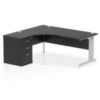 Impulse 1800mm Left Crescent Office Desk Black Top Silver Cable Managed Leg Workstation 600 Deep Desk High Pedestal