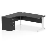Impulse 1800mm Left Crescent Office Desk Black Top White Cable Managed Leg Workstation 600 Deep Desk High Pedestal