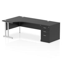 Impulse 1800mm Left Crescent Office Desk Black Top Silver Cantilever Leg Workstation 800 Deep Desk High Pedestal