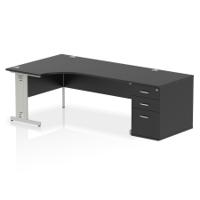 Impulse 1800mm Left Crescent Office Desk Black Top Silver Cable Managed Leg Workstation 800 Deep Desk High Pedestal