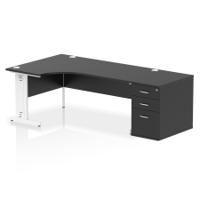 Impulse 1800mm Left Crescent Office Desk Black Top White Cable Managed Leg Workstation 800 Deep Desk High Pedestal