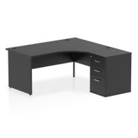 Impulse 1600mm Right Crescent Office Desk Black Top Panel End Leg Workstation 600 Deep Desk High Pedestal
