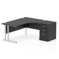 Impulse 1600mm Right Crescent Office Desk Black Top Silver Cantilever Leg Workstation 600 Deep Desk High Pedestal