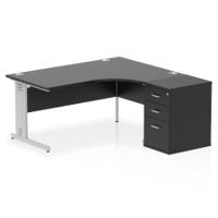 Impulse 1600mm Right Crescent Office Desk Black Top Silver Cable Managed Leg Workstation 600 Deep Desk High Pedestal