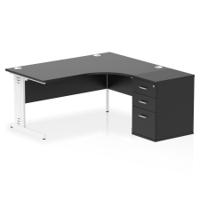 Impulse 1600mm Right Crescent Office Desk Black Top White Cable Managed Leg Workstation 600 Deep Desk High Pedestal