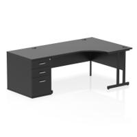 Impulse 1600mm Right Crescent Office Desk Black Top Black Cantilever Leg Workstation 800 Deep Desk High Pedestal