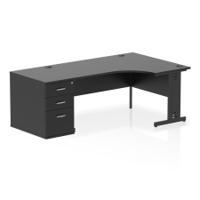 Impulse 1600mm Right Crescent Office Desk Black Top Black Cable Managed Leg Workstation 800 Deep Desk High Pedestal
