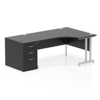 Impulse 1600mm Right Crescent Office Desk Black Top Silver Cantilever Leg Workstation 800 Deep Desk High Pedestal