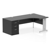 Impulse 1600mm Right Crescent Office Desk Black Top Silver Cable Managed Leg Workstation 800 Deep Desk High Pedestal