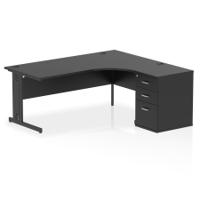 Impulse 1800mm Right Crescent Office Desk Black Top Black Cable Managed Leg Workstation 600 Deep Desk High Pedestal