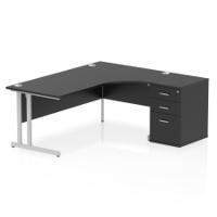 Impulse 1800mm Right Crescent Office Desk Black Top Silver Cantilever Leg Workstation 600 Deep Desk High Pedestal