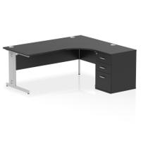 Impulse 1800mm Right Crescent Office Desk Black Top Silver Cable Managed Leg Workstation 600 Deep Desk High Pedestal