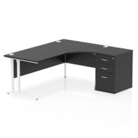 Impulse 1800mm Right Crescent Office Desk Black Top White Cantilever Leg Workstation 600 Deep Desk High Pedestal