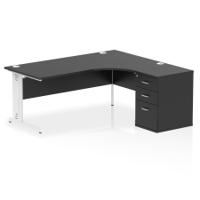 Impulse 1800mm Right Crescent Office Desk Black Top White Cable Managed Leg Workstation 600 Deep Desk High Pedestal