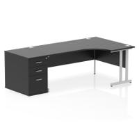 Impulse 1800mm Right Crescent Office Desk Black Top Silver Cantilever Leg Workstation 800 Deep Desk High Pedestal