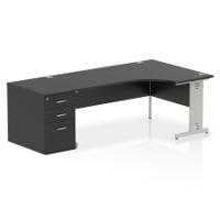 Impulse 1800mm Right Crescent Office Desk Black Top Silver Cable Managed Leg Workstation 800 Deep Desk High Pedestal