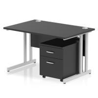 Impulse 1200 x 800mm Straight Office Desk Black Top Silver Cantilever Leg Workstation 2 Drawer Mobile Pedestal