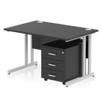 Impulse 1200 x 800mm Straight Office Desk Black Top Silver Cantilever Leg Workstation 3 Drawer Mobile Pedestal