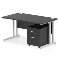 Impulse 1400 x 800mm Straight Office Desk Black Top Silver Cantilever Leg Workstation 2 Drawer Mobile Pedestal