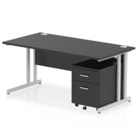 Impulse 1600 x 800mm Straight Office Desk Black Top Silver Cantilever Leg Workstation 2 Drawer Mobile Pedestal