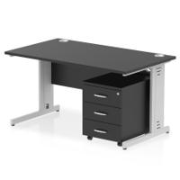 Impulse 1400 x 800mm Straight Office Desk Black Top Silver Cable Managed Leg Workstation 3 Drawer Mobile Pedestal
