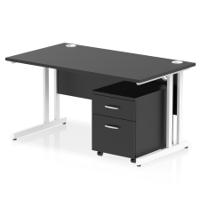 Impulse 1400 x 800mm Straight Office Desk Black Top White Cantilever Leg Workstation 2 Drawer Mobile Pedestal