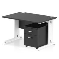 Impulse 1200 x 800mm Straight Office Desk Black Top White Cable Managed Leg Workstation 2 Drawer Mobile Pedestal