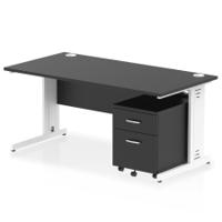 Impulse 1600 x 800mm Straight Office Desk Black Top White Cable Managed Leg Workstation 2 Drawer Mobile Pedestal