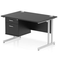 Impulse 1200 x 800mm Straight Office Desk Black Top Silver Cantilever Leg Workstation 1 x 2 Drawer Fixed Pedestal