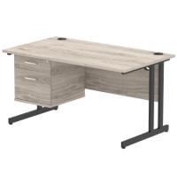 Impulse 1400 x 800mm Straight Office Desk Grey Oak Top Black Cantilever Leg Workstation 1 x 2 Drawer Fixed Pedestal