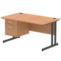 Impulse 1400 x 800mm Straight Office Desk Oak Top Black Cantilever Leg Workstation 1 x 2 Drawer Fixed Pedestal