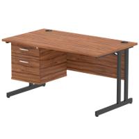 Impulse 1400 x 800mm Straight Office Desk Walnut Top Black Cantilever Leg Workstation 1 x 2 Drawer Fixed Pedestal