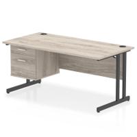 Impulse 1600 x 800mm Straight Office Desk Grey Oak Top Black Cantilever Leg Workstation 1 x 2 Drawer Fixed Pedestal