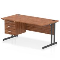 Impulse 1600 x 800mm Straight Office Desk Walnut Top Black Cantilever Leg Workstation 1 x 3 Drawer Fixed Pedestal