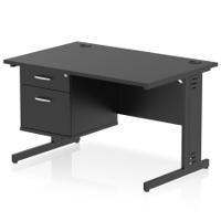Impulse 1200 x 800mm Straight Office Desk Black Top Black Cable Managed Leg Workstation 1 x 2 Drawer Fixed Pedestal