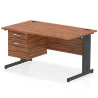 Impulse 1400 x 800mm Straight Office Desk Walnut Top Black Cable Managed Leg Workstation 1 x 2 Drawer Fixed Pedestal