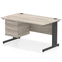 Impulse 1400 x 800mm Straight Office Desk Grey Oak Top Black Cable Managed Leg Workstation 1 x 3 Drawer Fixed Pedestal