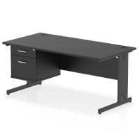 Impulse 1600 x 800mm Straight Office Desk Black Top Black Cable Managed Leg Workstation 1 x 2 Drawer Fixed Pedestal