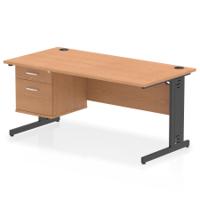 Impulse 1600 x 800mm Straight Office Desk Oak Top Black Cable Managed Leg Workstation 1 x 2 Drawer Fixed Pedestal