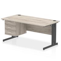 Impulse 1600 x 800mm Straight Office Desk Grey Oak Top Black Cable Managed Leg Workstation 1 x 3 Drawer Fixed Pedestal