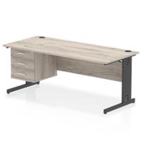Impulse 1800 x 800mm Straight Office Desk Grey Oak Top Black Cable Managed Leg Workstation 1 x 3 Drawer Fixed Pedestal
