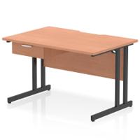 Impulse 1200 x 800mm Scalloped Edge Straight Office Desk Beech Top Black Cantilever Leg Workstation 1 x 1 Drawer Fixed Pedestal