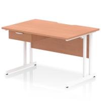 Impulse 1200 x 800mm Scalloped Edge Straight Office Desk Beech Top White Cantilever Leg Workstation 1 x 1 Drawer Fixed Pedestal